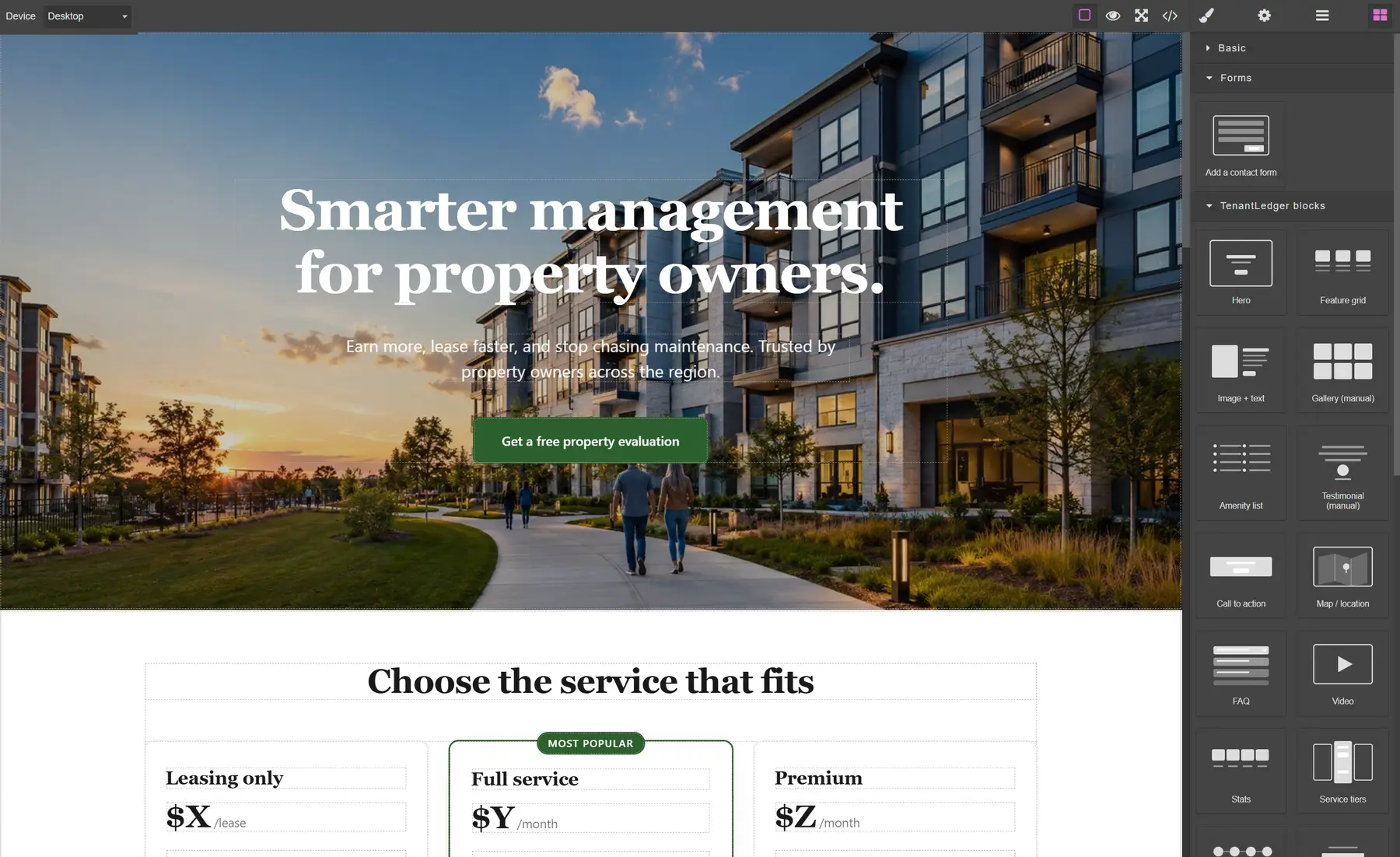 The TenantLedger drag-and-drop website builder, showing a property-management homepage on the canvas with the block palette open on the right
