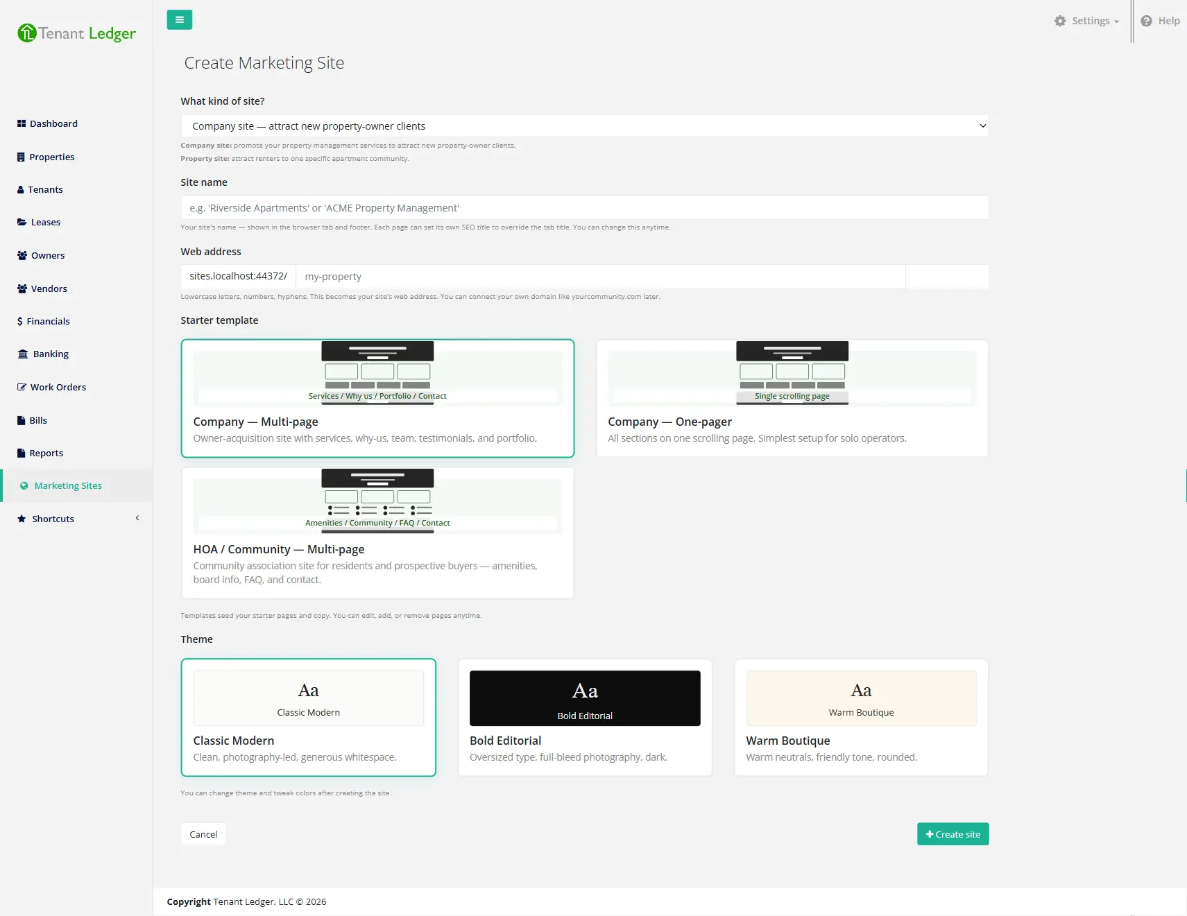 Choosing a starter template and theme in the TenantLedger site builder: Company, One-pager, and HOA templates with Classic Modern, Bold Editorial, and Warm Boutique themes