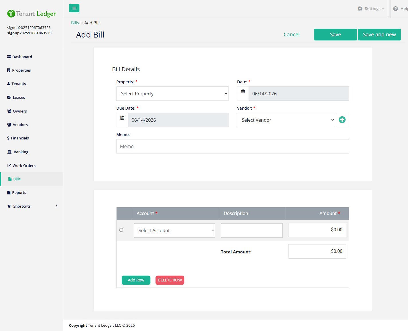 The Add Bill screen with property, vendor, and a line-item table showing account, description, and amount