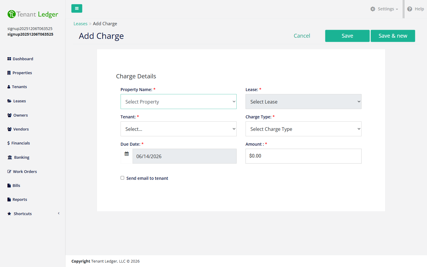 Add Charge form with property, lease, tenant, charge type, due date, and amount fields