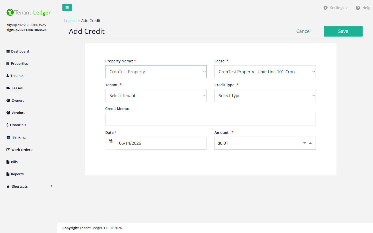 Add Credit form with property, lease, tenant, credit type, memo, date, and amount