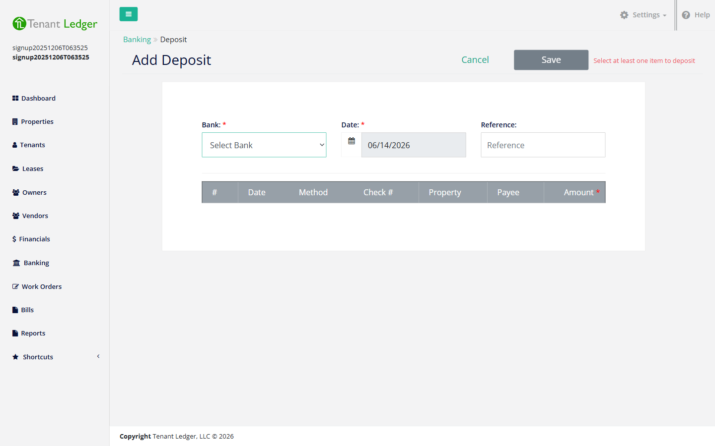 The Add Deposit screen listing undeposited payments with checkboxes and a running total