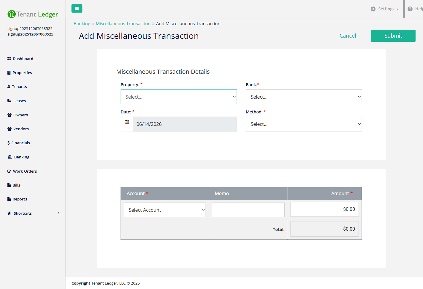 The Add Miscellaneous Transaction screen with property, bank, method, and the account/amount table
