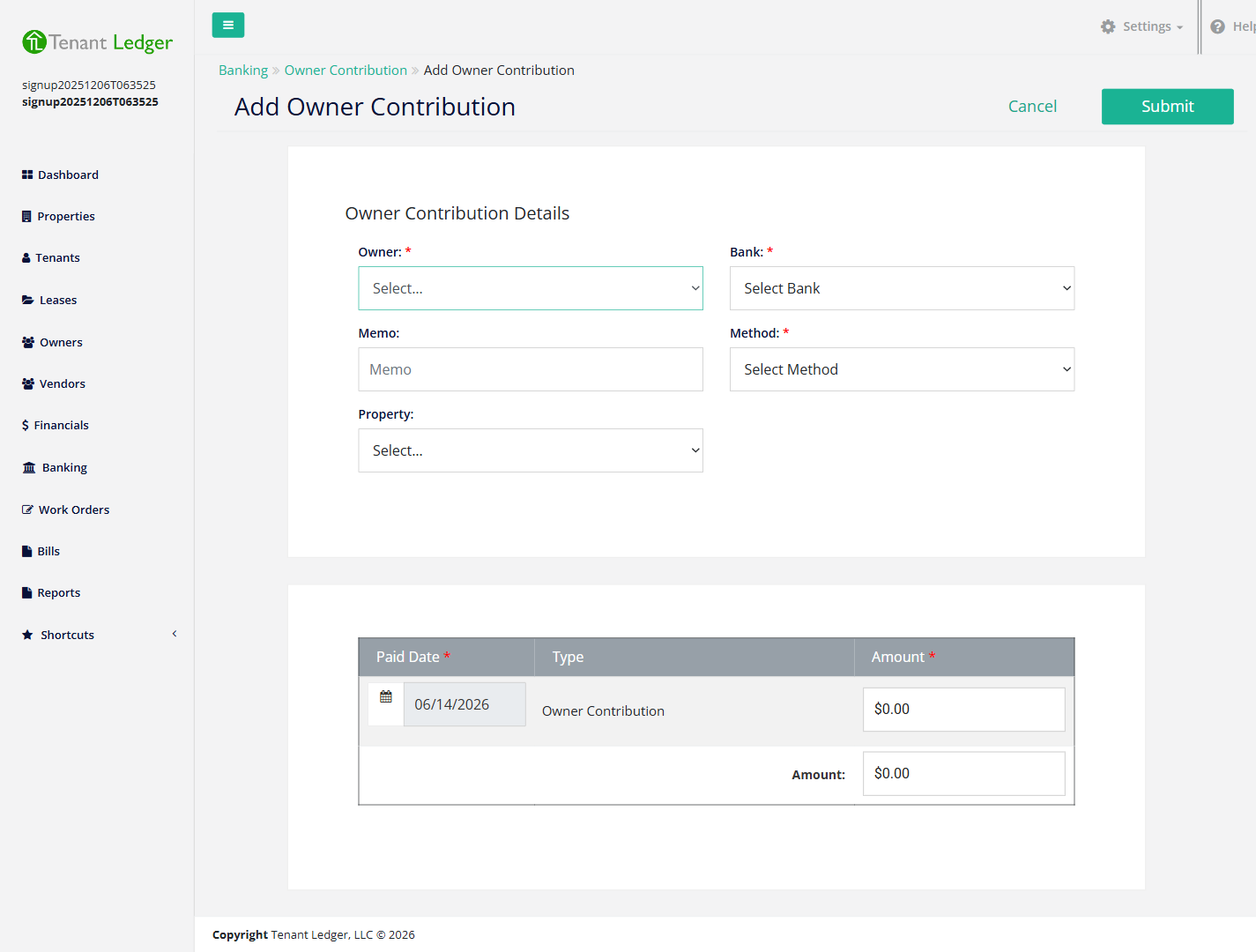 The Add Owner Contribution screen showing owner, bank, method, and the amount table