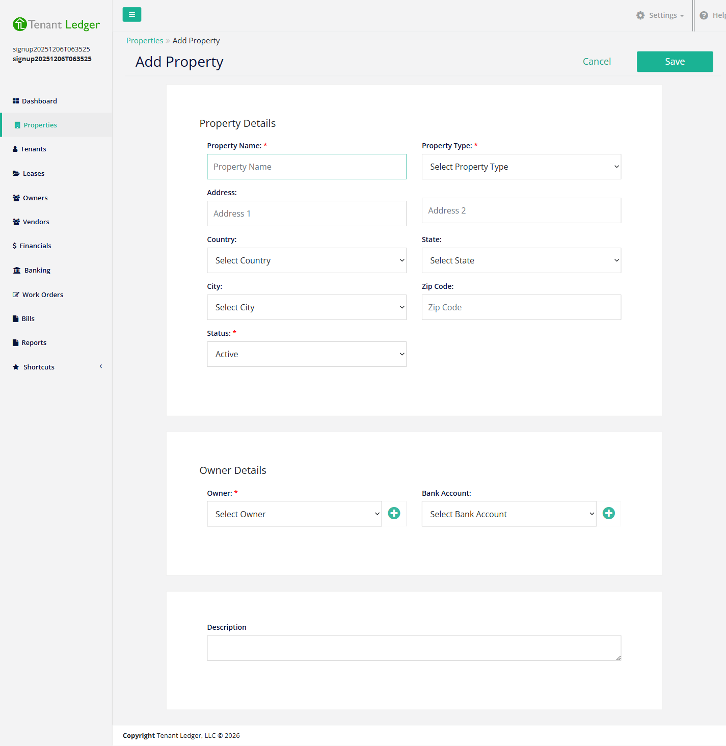 Add Property form showing the Property Details section