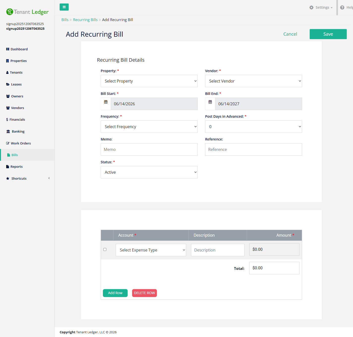 The Add Recurring Bill screen showing schedule fields and an expense line-item table