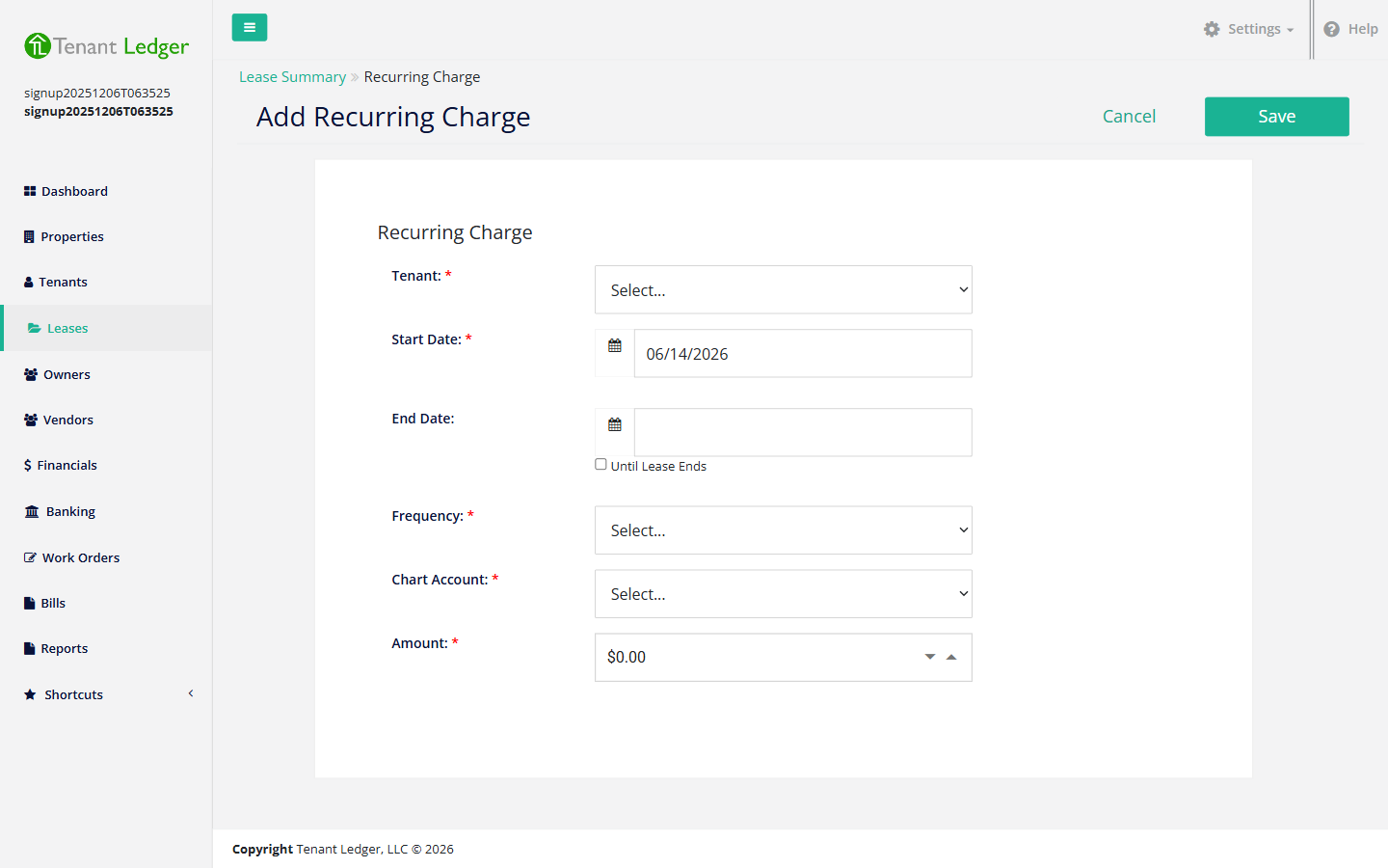Add Recurring Charge form with tenant, dates, frequency, chart account, and amount fields
