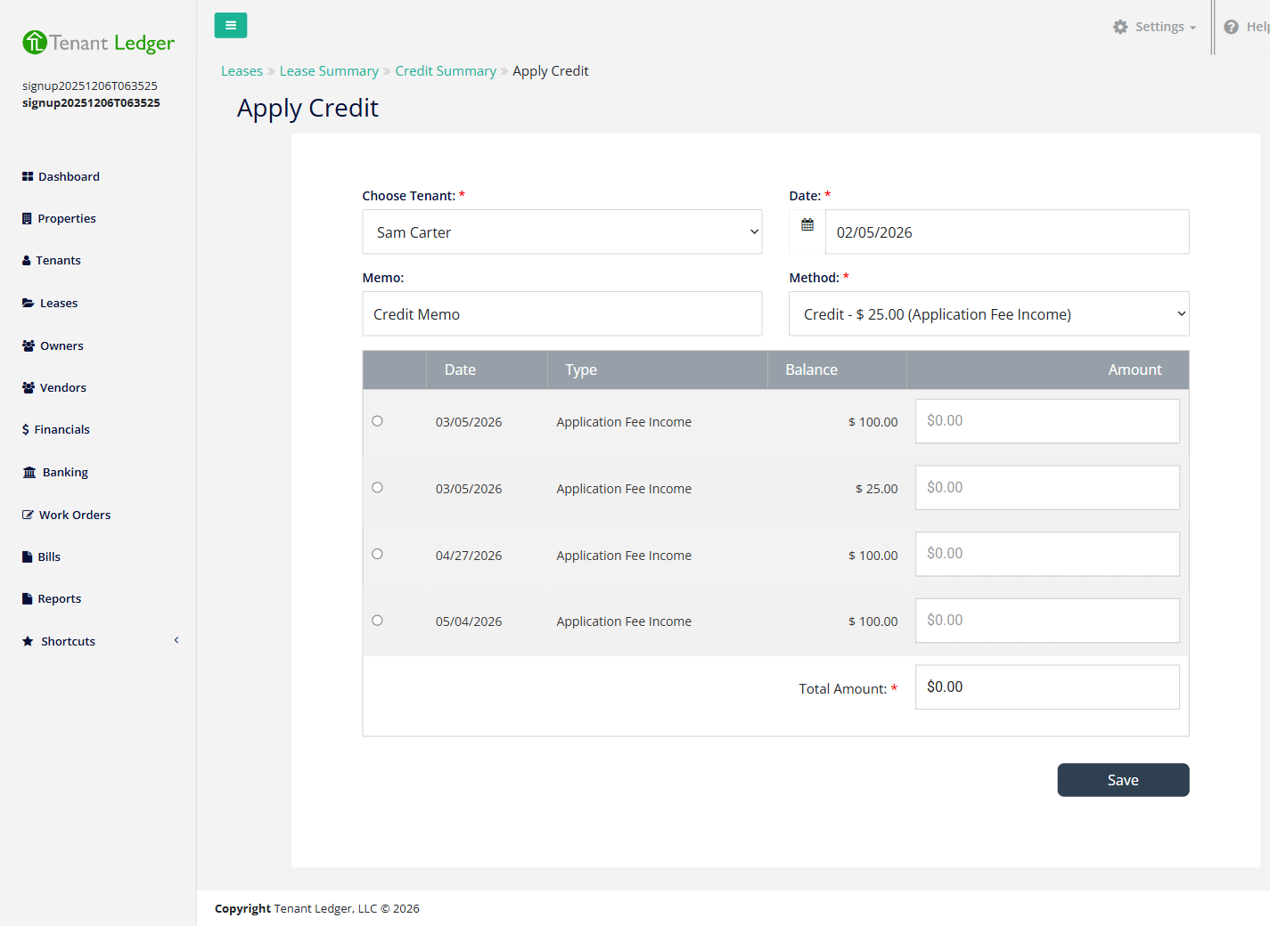 Apply Credit screen listing the tenant’s eligible open charges with an amount box