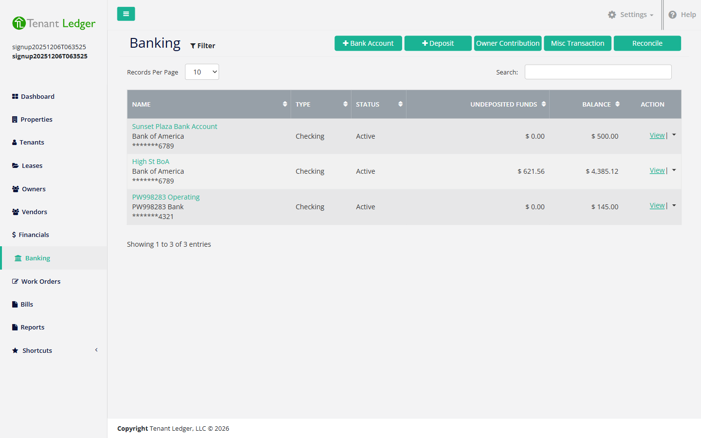 Banking page showing the list of bank accounts and the action buttons across the top