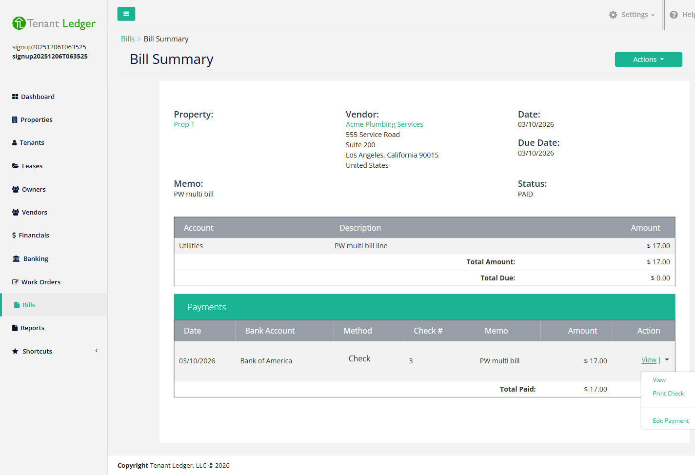 A bill payment row with the Action dropdown open showing the Print Check option