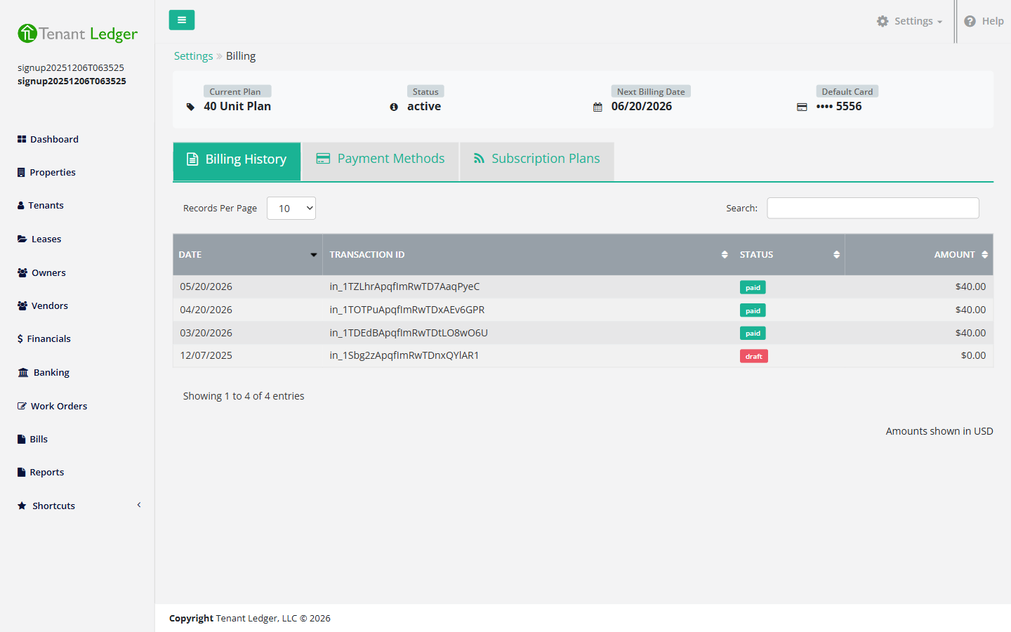 The Billing and Subscriptions page summary with the Subscription Plans, Billing History, and Payment Methods tabs