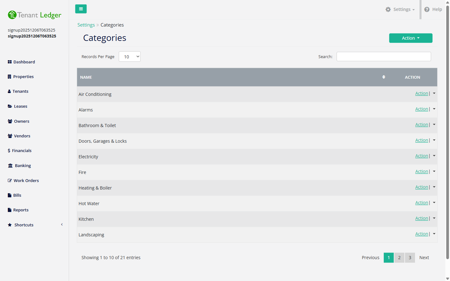 The Categories page listing existing categories with the Action menu