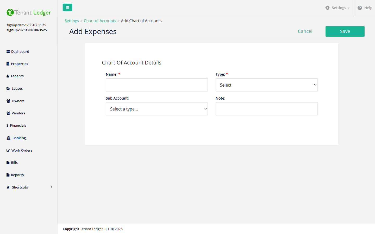 The Add Account form with the Sub Account dropdown selected