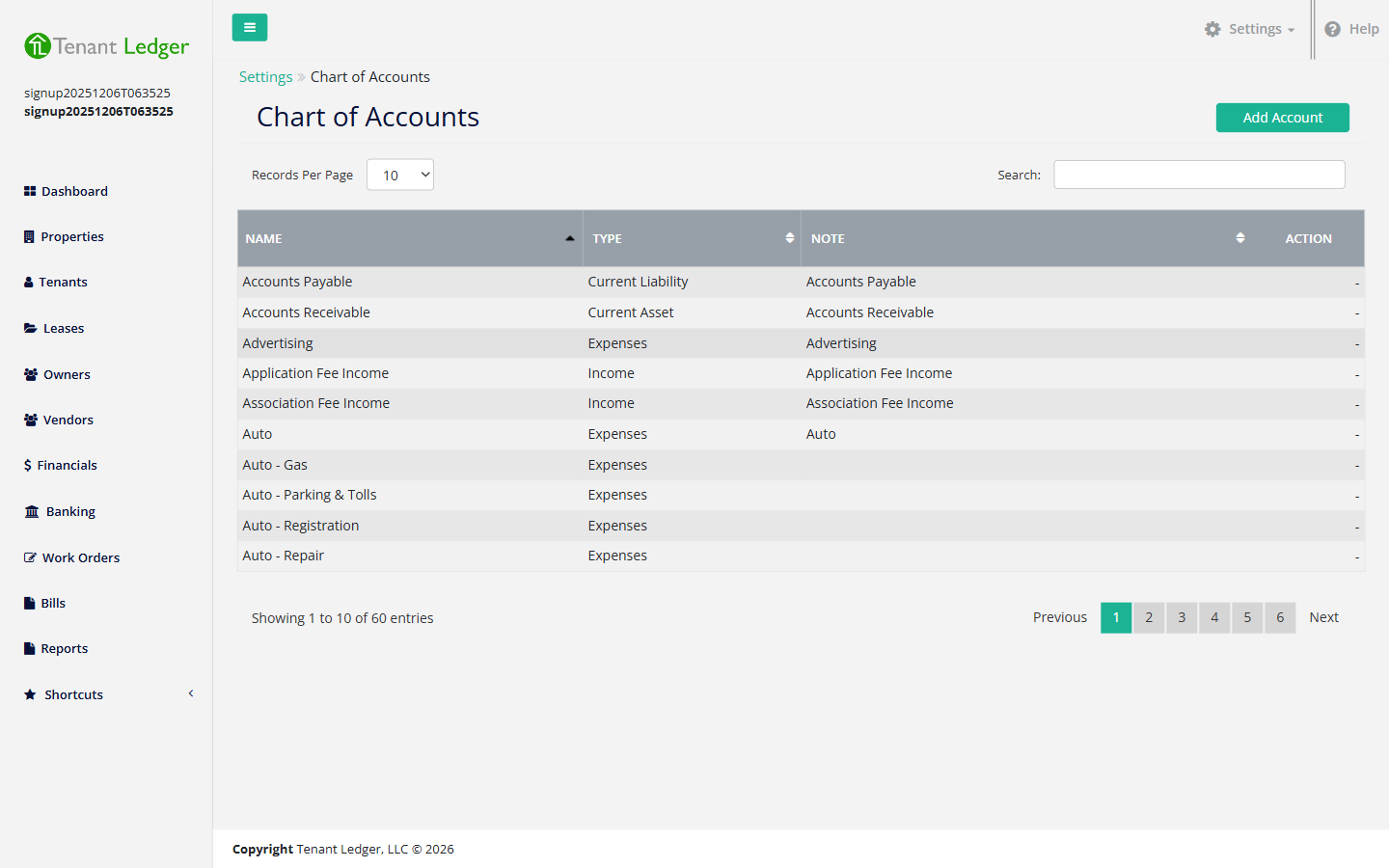 The Chart of Accounts list with the Delete option in the row’s dropdown