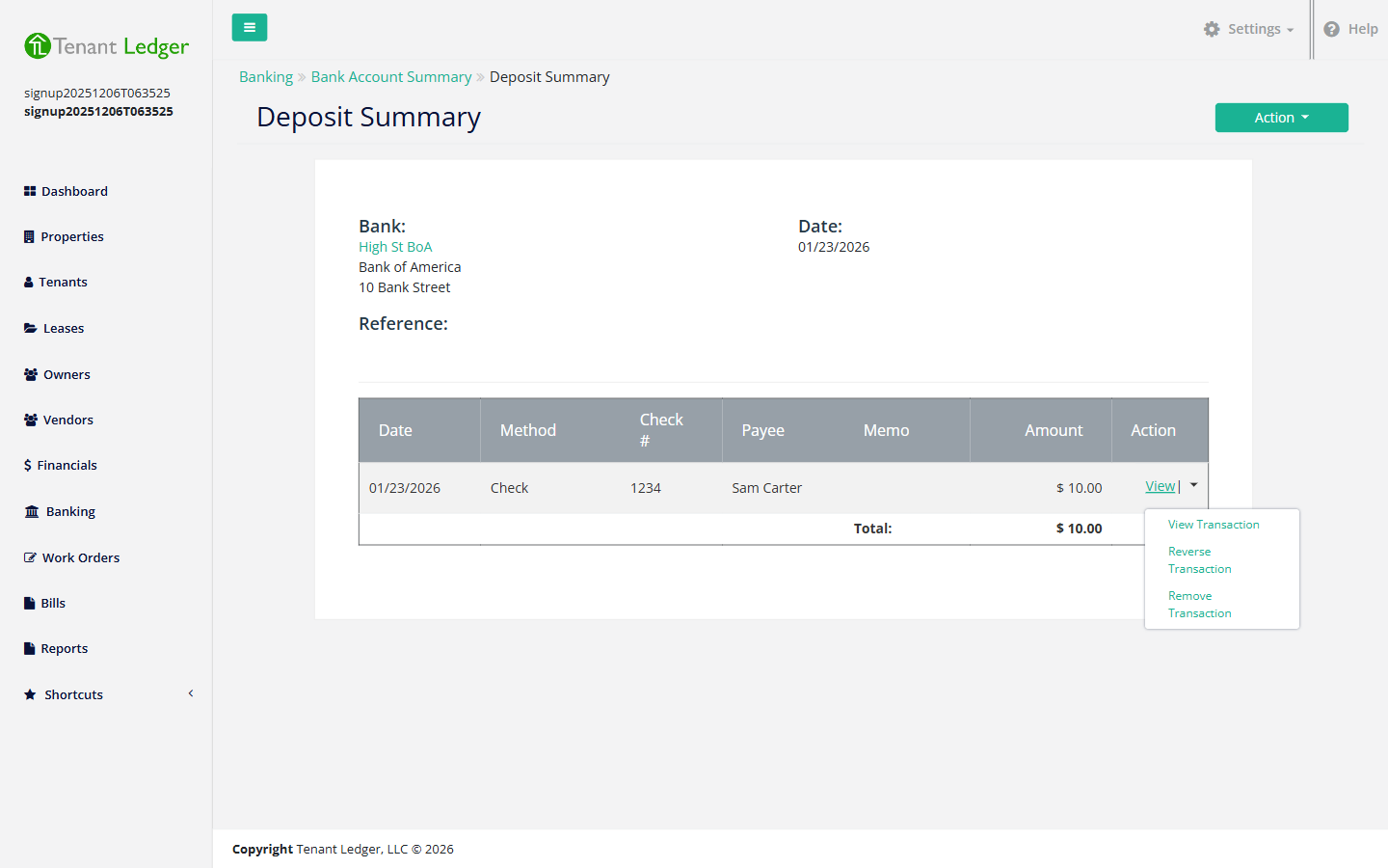 The deposit summary listing payments, with the reverse option next to a payment