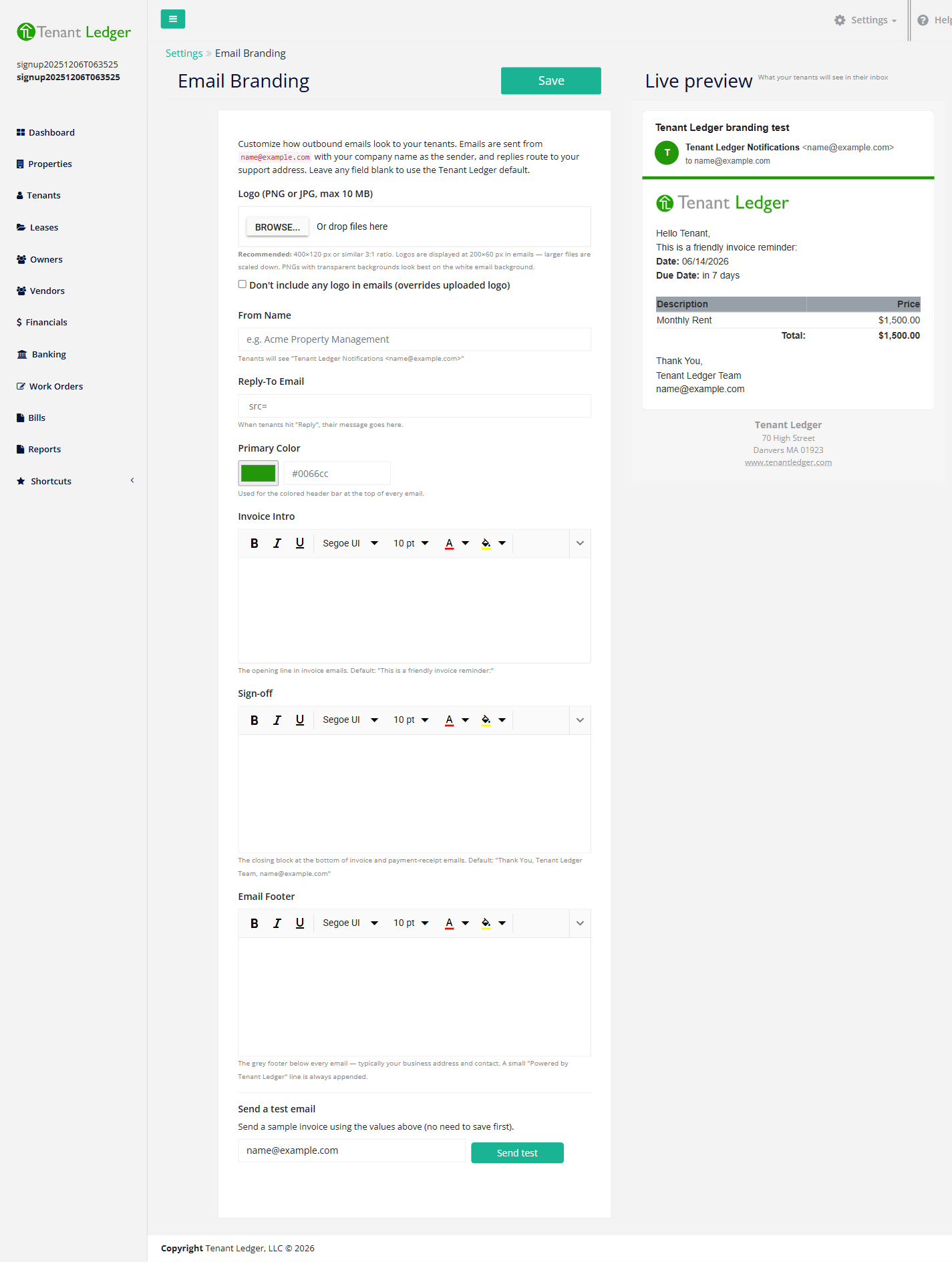 The Email Branding page with the form on the left and a live email preview on the right