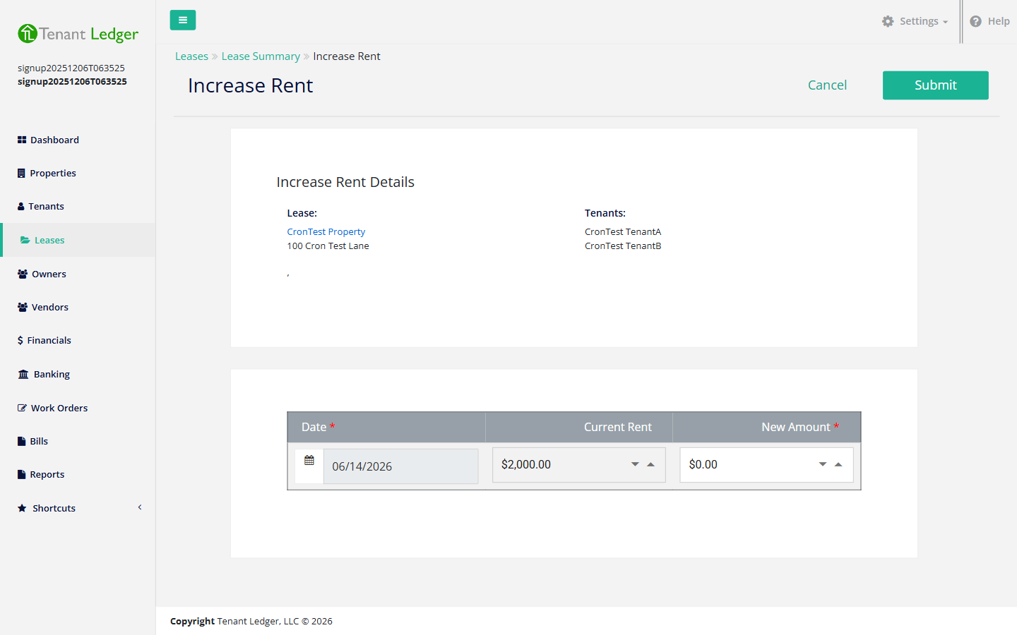 Increase Rent form showing the date, current rent, and new amount fields