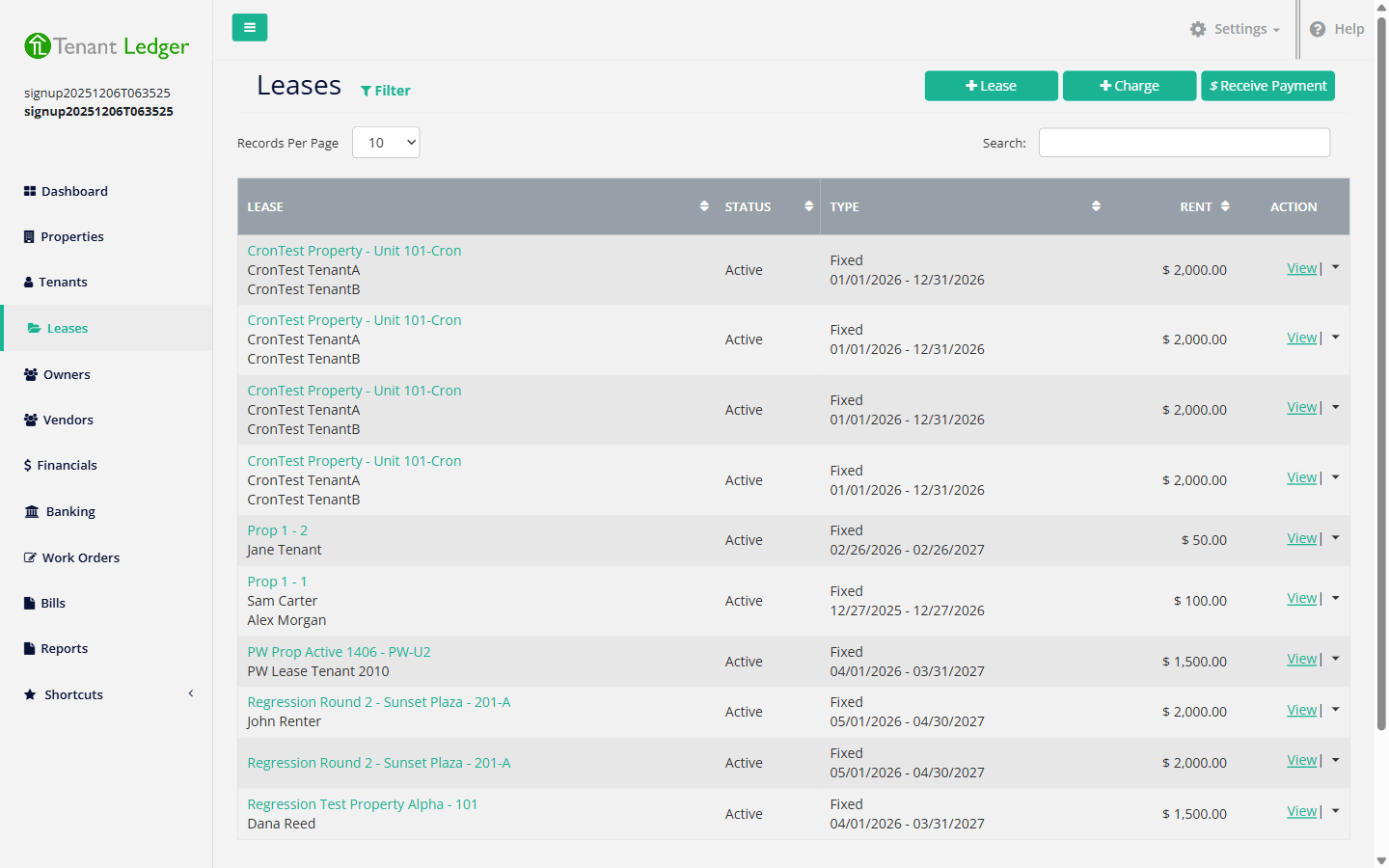 Lease Summary page with the Action menu open showing Edit Lease