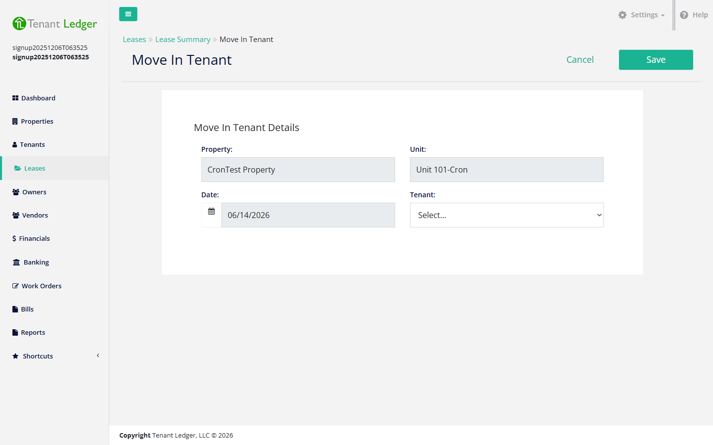 Move In Tenant form with property, unit, date, and tenant fields