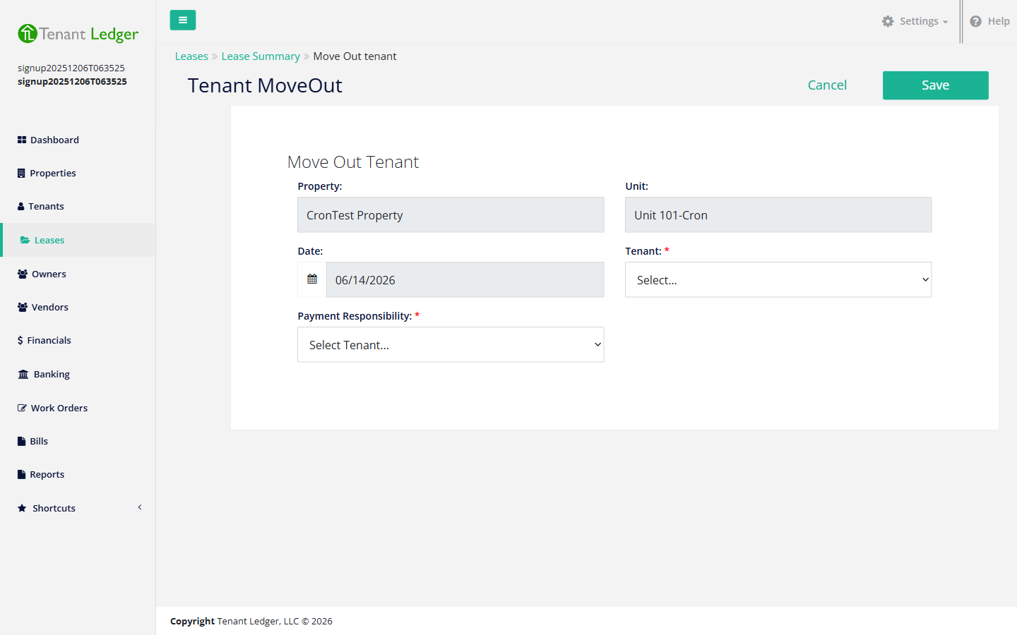 Move Out Tenant form with date, tenant, and payment responsibility fields