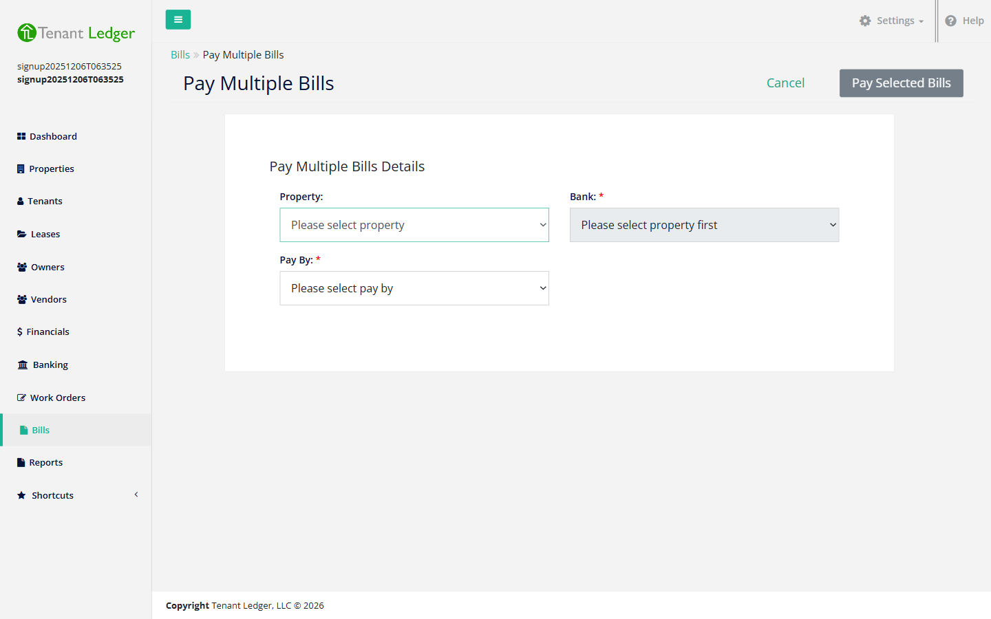 The Pay Multiple Bills screen showing the property, bank, pay method, and a list of unpaid bills with checkboxes