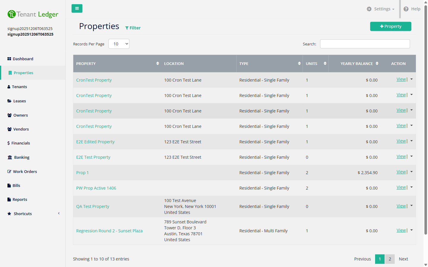 Properties list page with the Add Property button