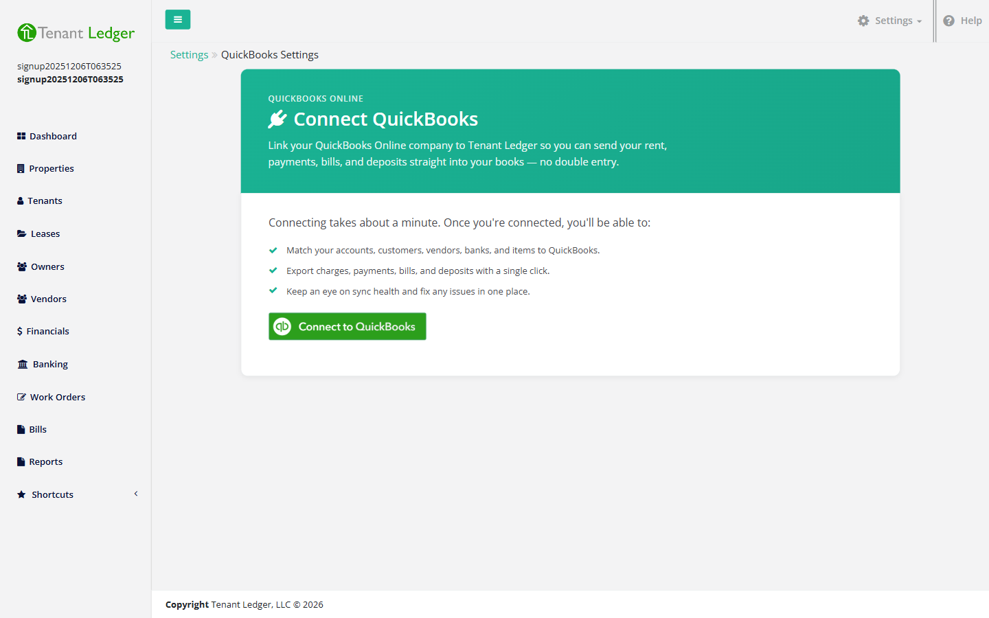 QuickBooks settings page with the green Connect to QuickBooks button