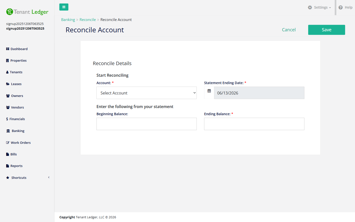 The Reconcile screen where you choose an account and enter statement balances