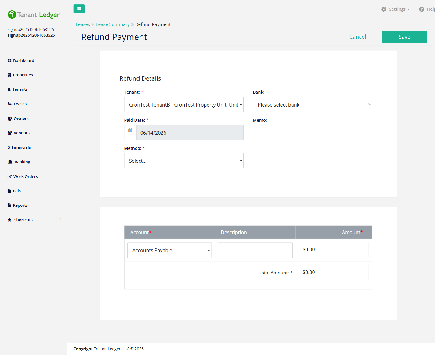 Refund Payment form with tenant, bank, paid date, method, account, and amount fields