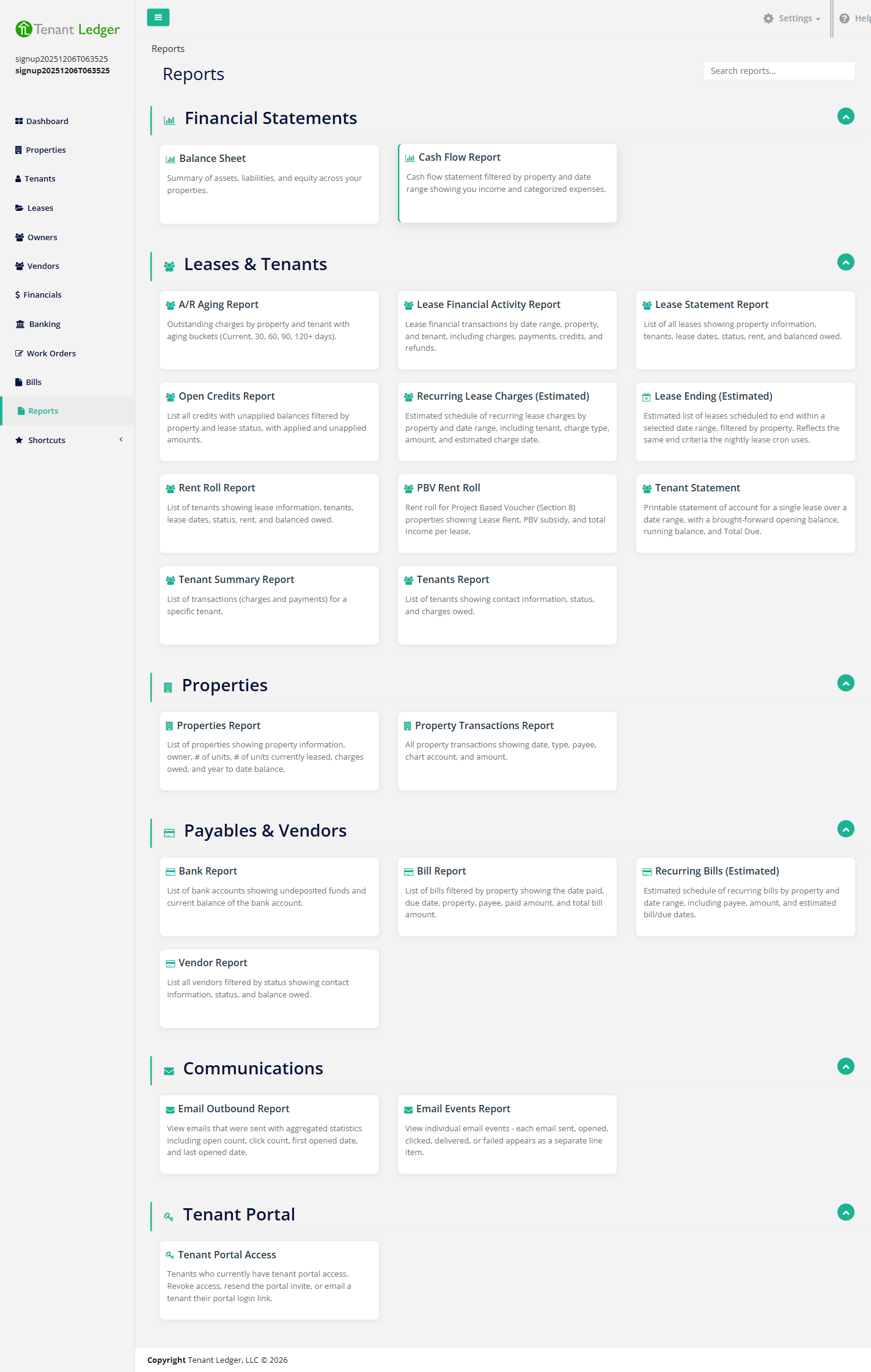 Reports page with reports grouped into categories such as Financial Statements, Leases and Tenants, Properties, Payables and Vendors, and Communications