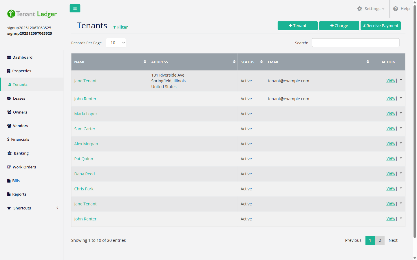 Tenants list page with the Add Tenant button