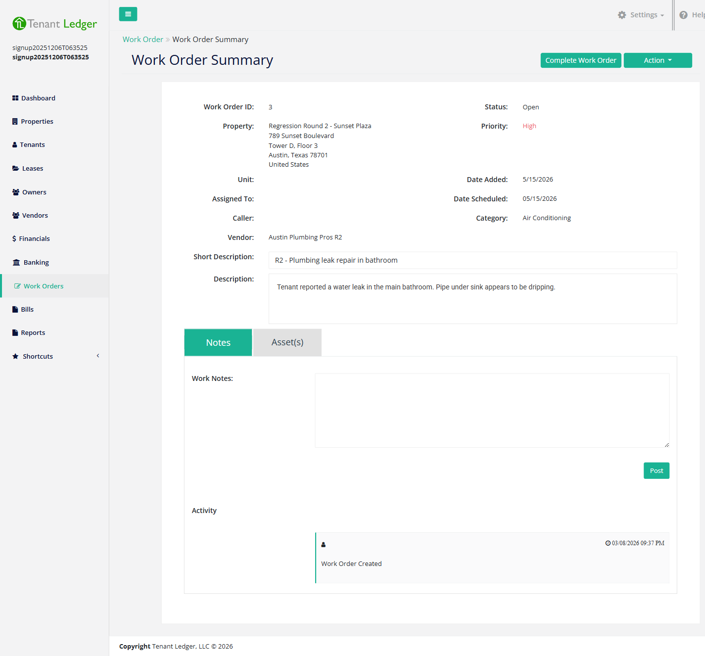 The work order summary page with the Complete Work Order button and Action menu
