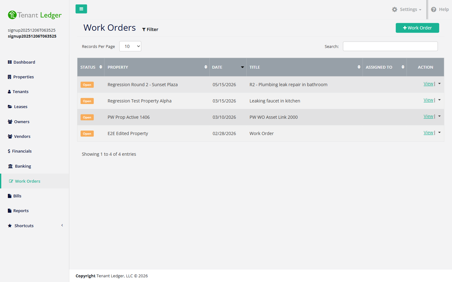 The Work Orders list page showing existing work orders and their status