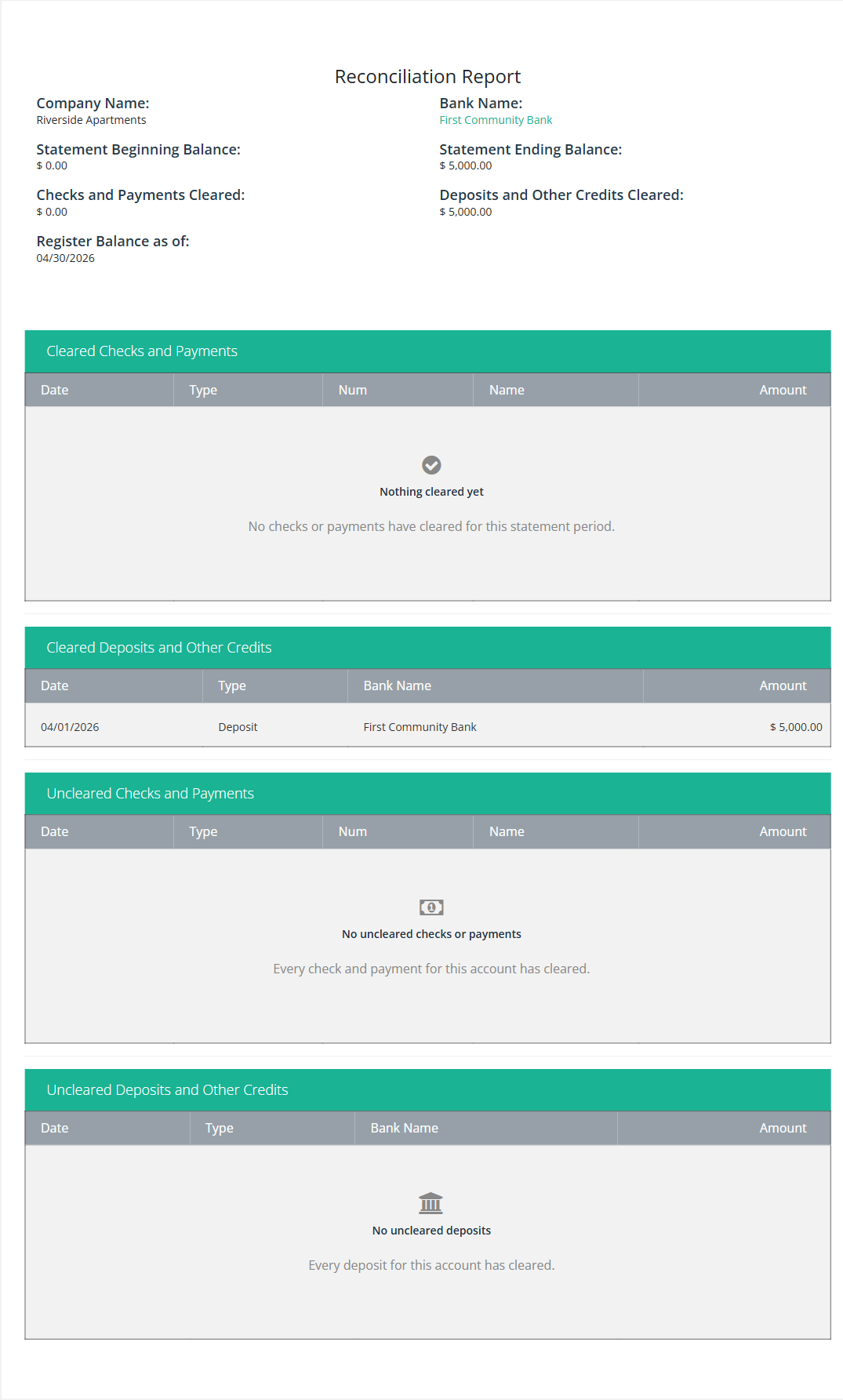 Bank reconciliation screen in TenantLedger showing cleared deposits and checks against a statement
