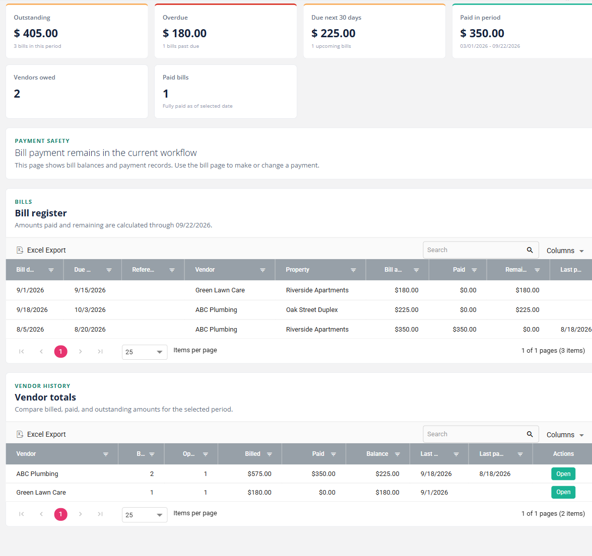 TenantLedger's Payables view showing outstanding bills and vendor totals