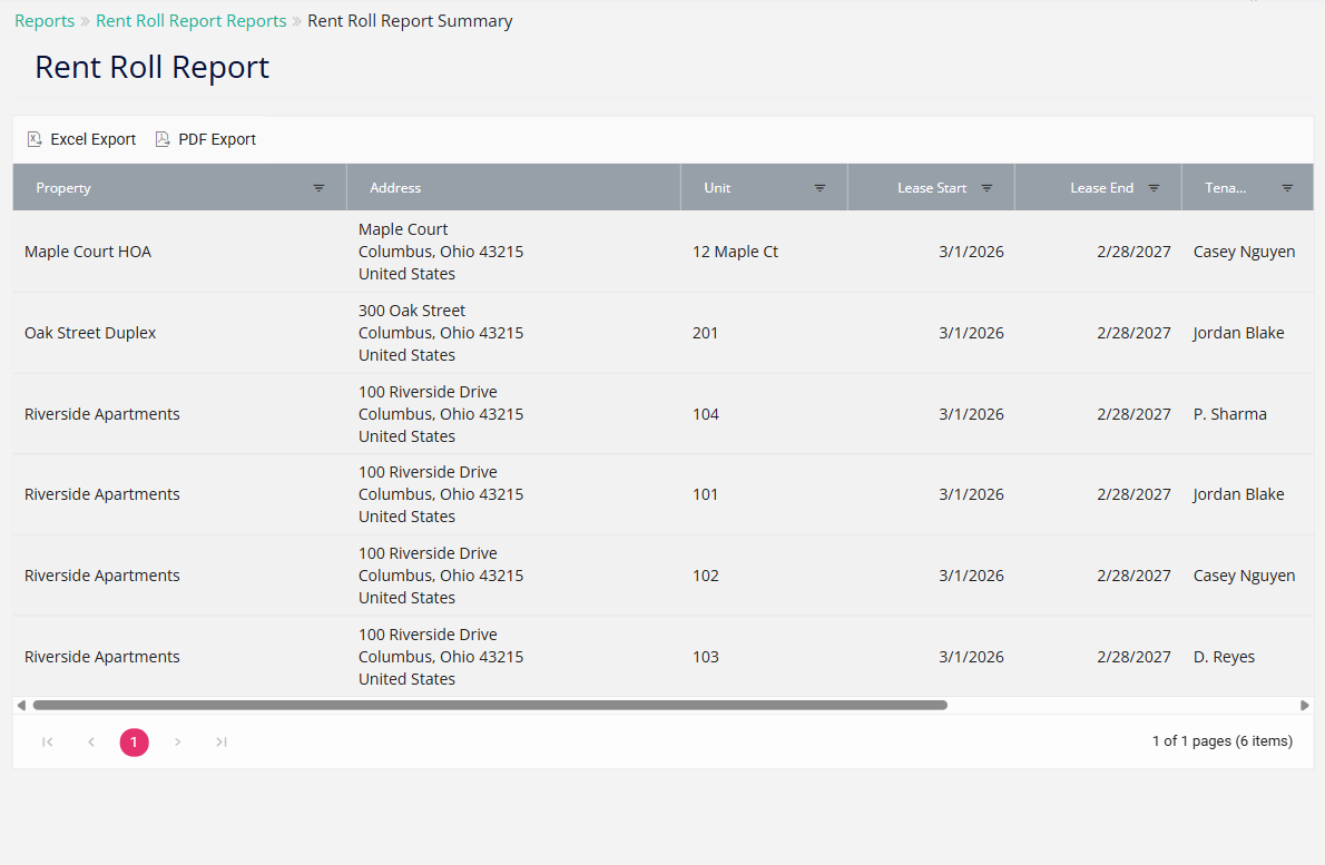 Rent roll report in TenantLedger